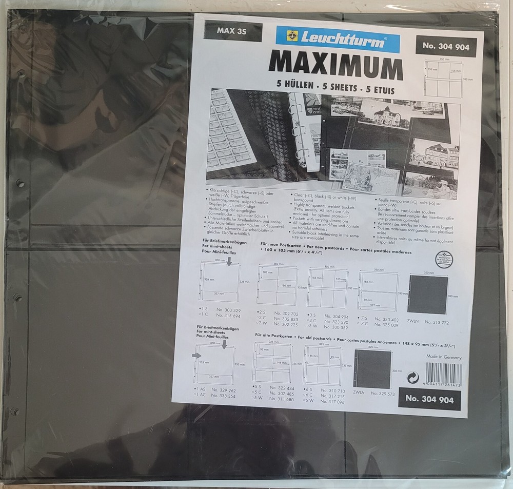 MAXIMUM Stock Sheets MAX3S BLACK 6-pocket for Larger Postcards Vertical Pkg. 5