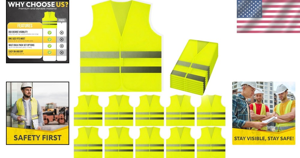 High Visibility Safety Vests - 10 Pack Yellow Reflective