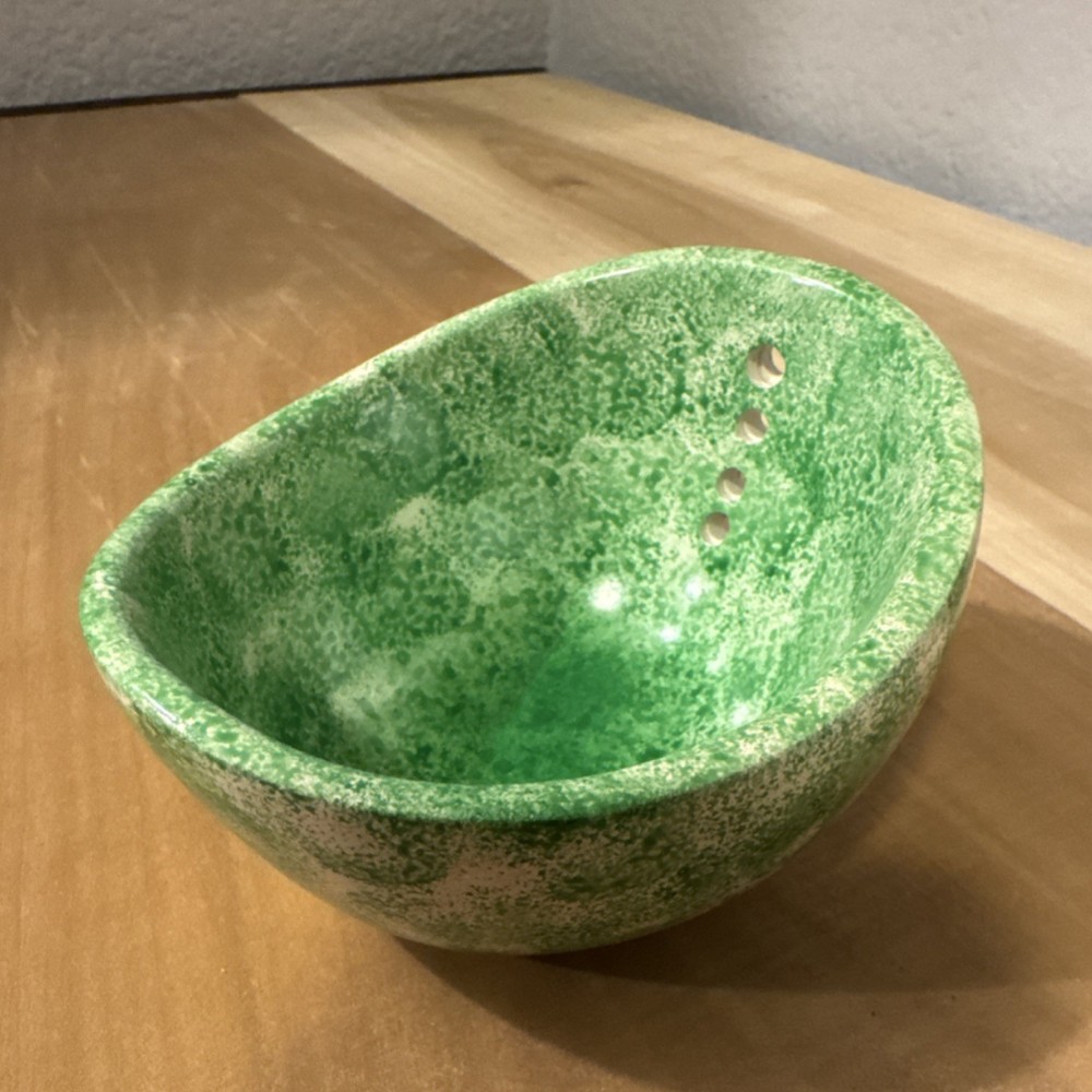 Small Green Speckled Oval Colander, Herb Stripper