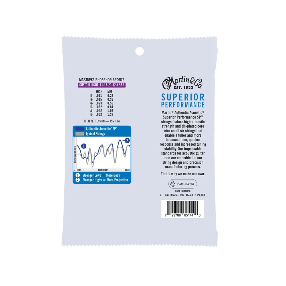 Martin Authentic MA535 SP Custom Light Phosphor Bronze A/G Strings 11-52, 3-Pack