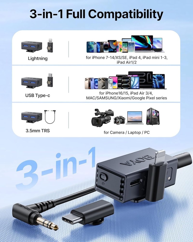 BOYA BOYALINK 3 Wireless Lavalier Microphone Type C Lightning 3.5mm iPhone Andrd