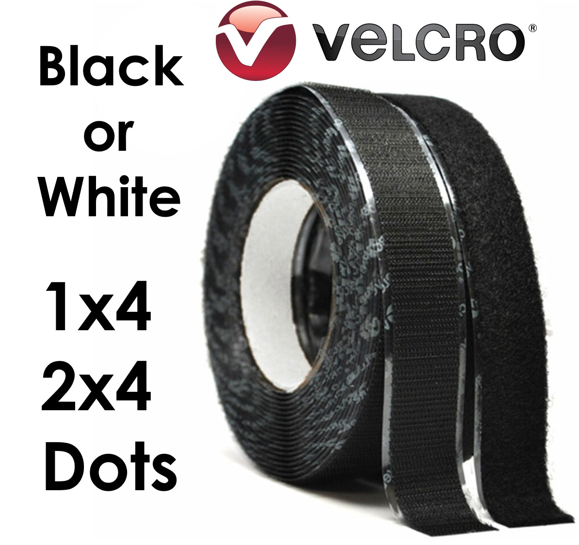 VELCRO® Self Adhesive Hook and Loop Strip Black White Heavy Duty 1" x 2", 4" Dot