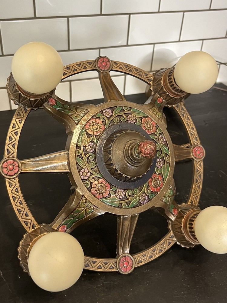 Antique Four Socket Polychrome Chandelier Fixture Rare SH2