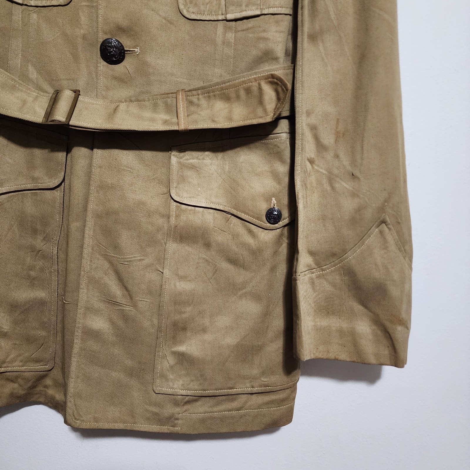 Vtg WWII US USMC Khaki Cotton Chino Service Coat Jacket M1942 Officer Belted