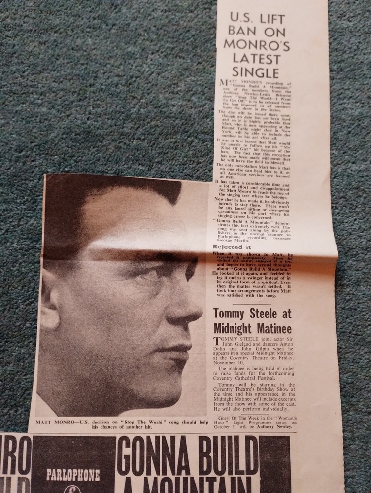 Di37 Ephemera 1961 Pop Article Matt Monro Fd33