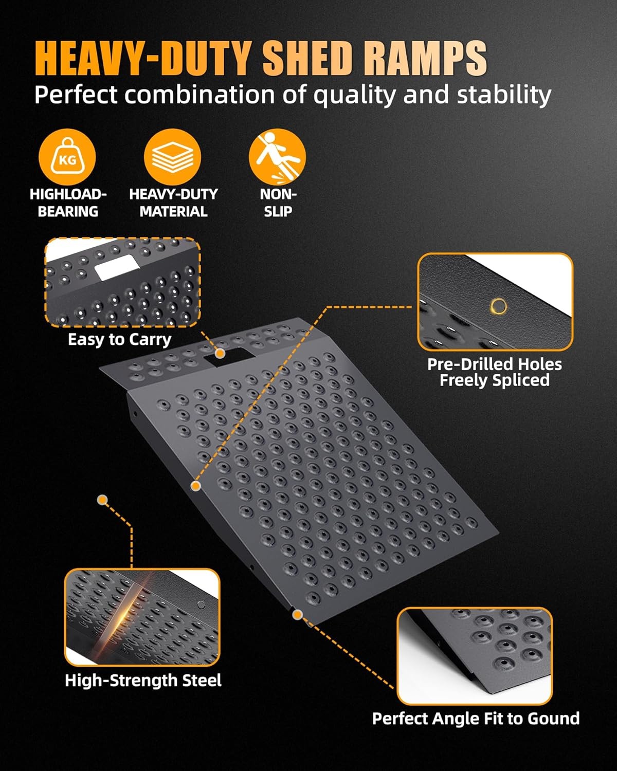 Black Shed Ramp for Riding Mower Anti-Slip Punch Plate Ramp for ATV Motorcycles