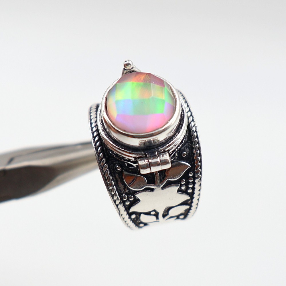 Aurora Opal Poison Ring, 925 Silver Platted Ring, Compartment Pill Box Ring