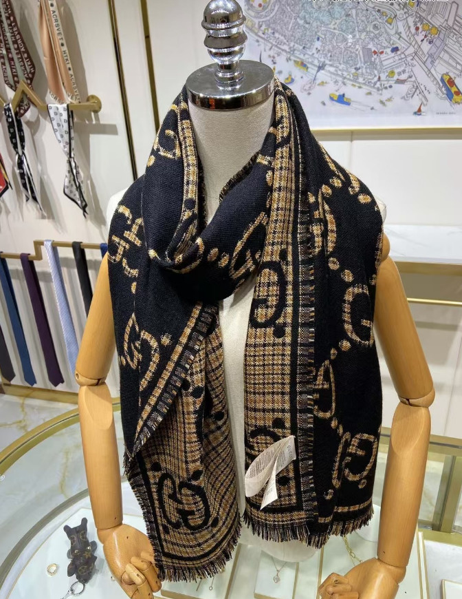 SCARF GUCCI SCARF SHAWL AUTHENTIC 100% CASHMERE BLACK BEIGE CLASSIC LOGO