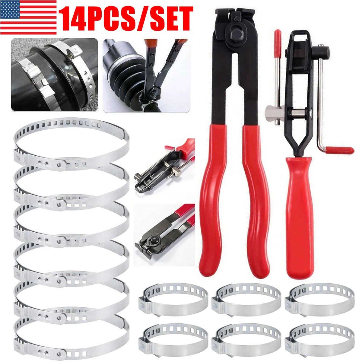 14Pcs CV Joint Boot Clamp Pliers with CV Boot Clamps Kit Ear Type Banding Tool