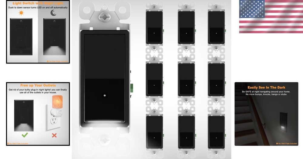 10-Pack LED Night Light Switch, Single Pole Rocker - Black