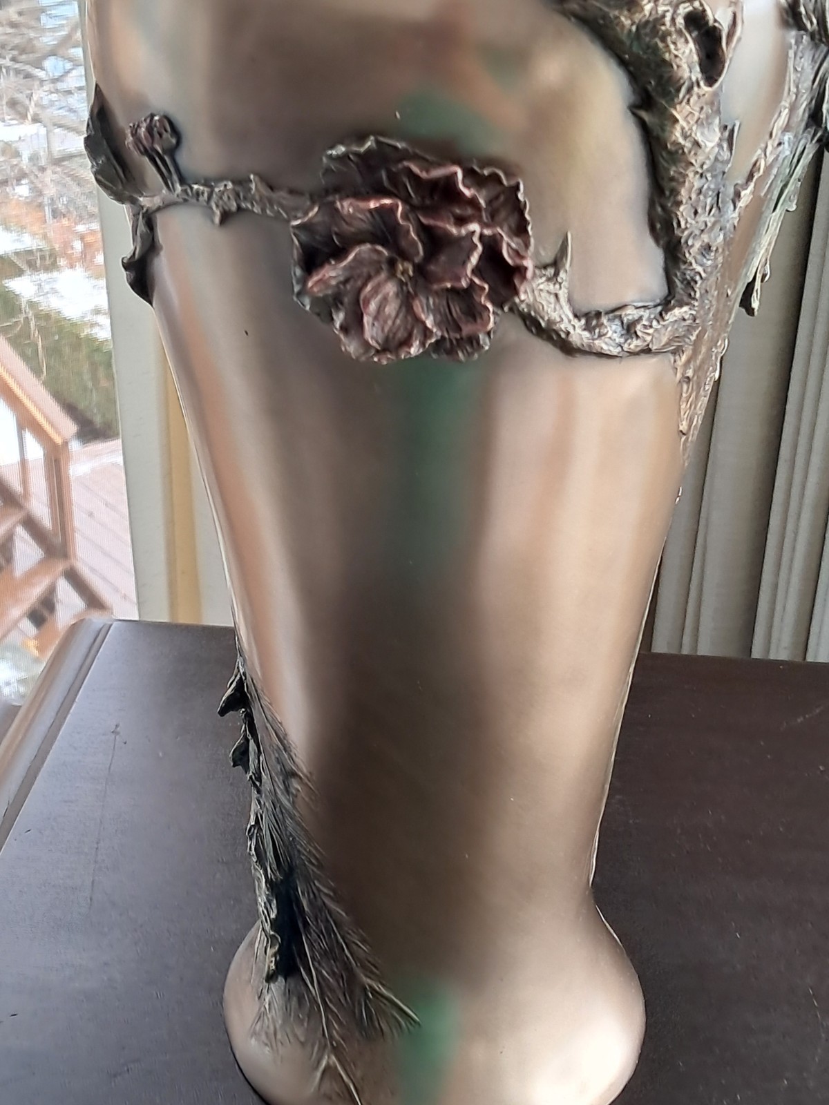 Bronze Style Prunus And Peacock Large Decorative Flower Vase ~ 19.5" Signed