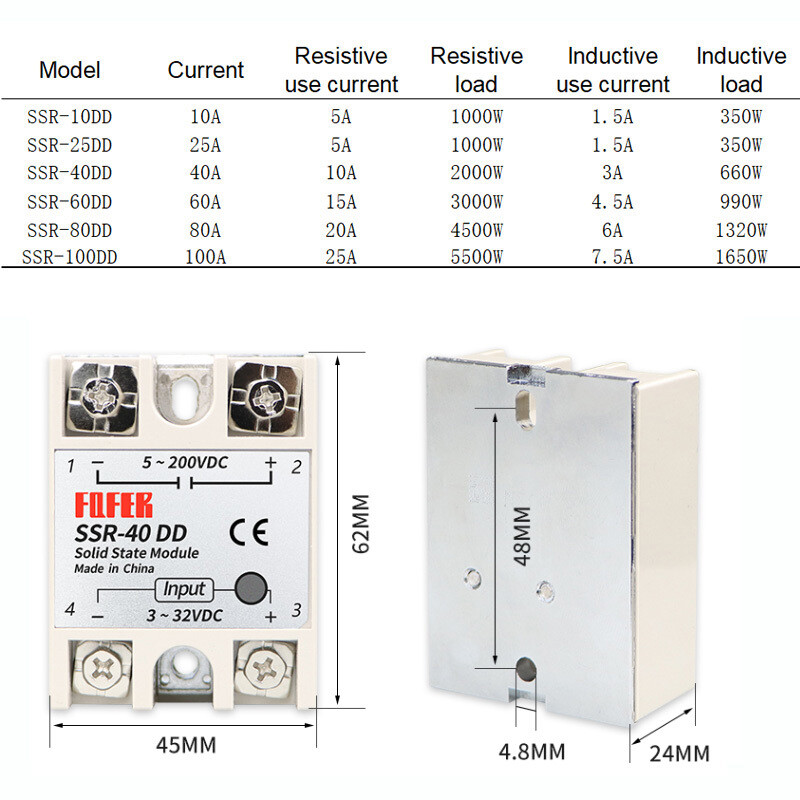 Solid State Relay Module SSR DC-DC 10A-100A 3-32V DC Control 5-200V DC