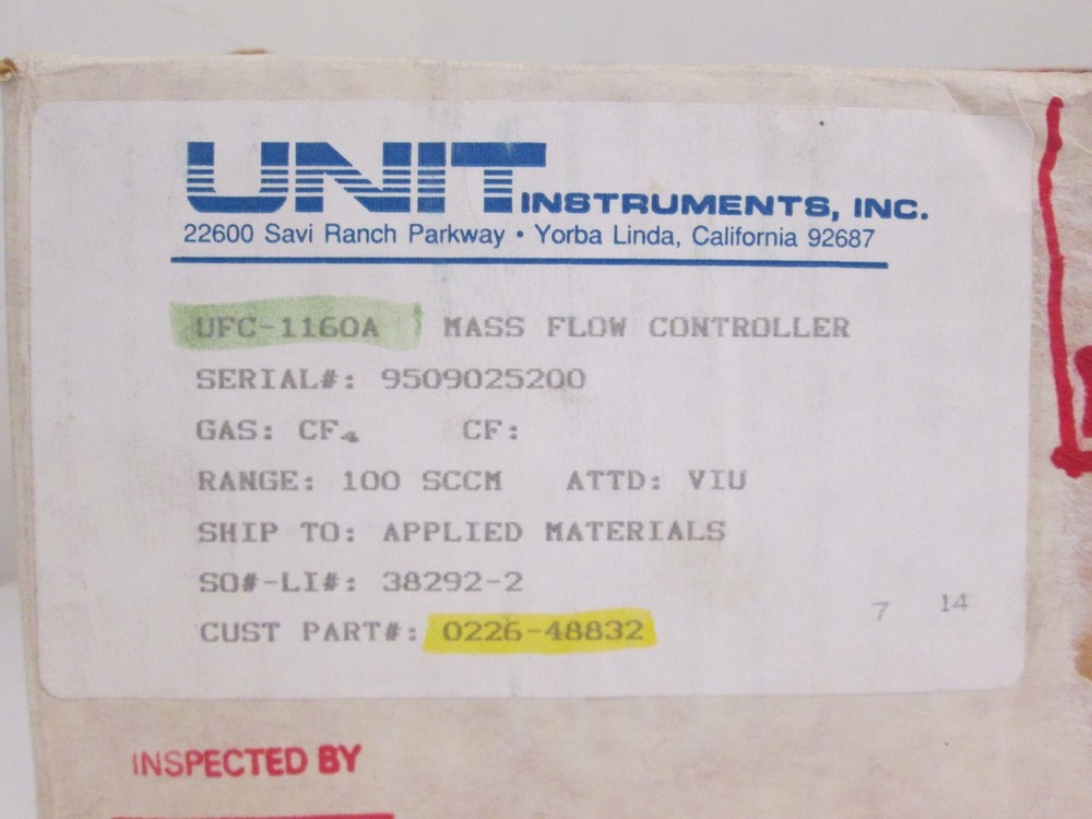 Unit UFC-1160A Mass Flow Controller, CF4, 100 SCCM, Refurbished