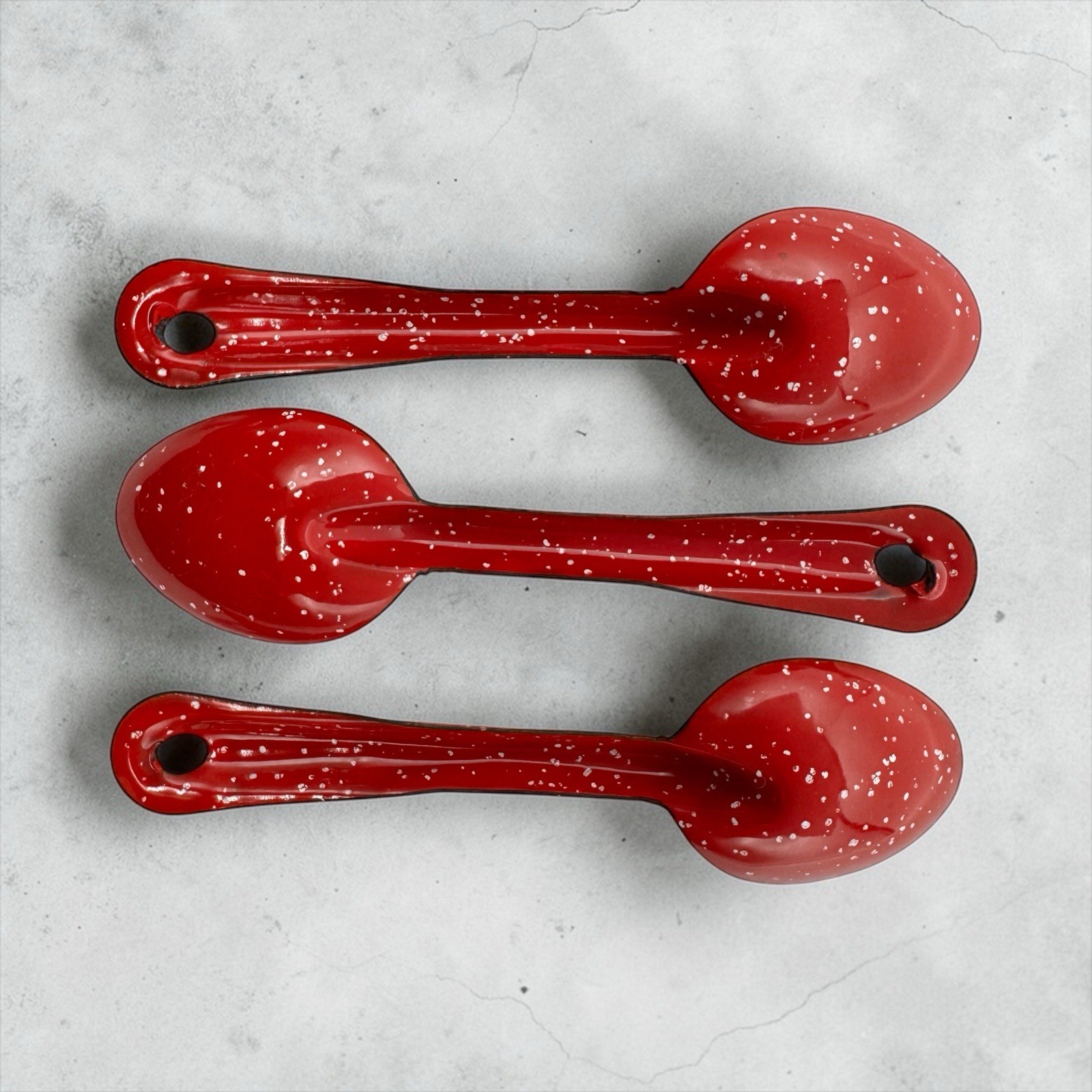 RED Speckle 6" SPOONS 3 pc Lot Vintage Enamel Metal Enamelware Camping Speckled