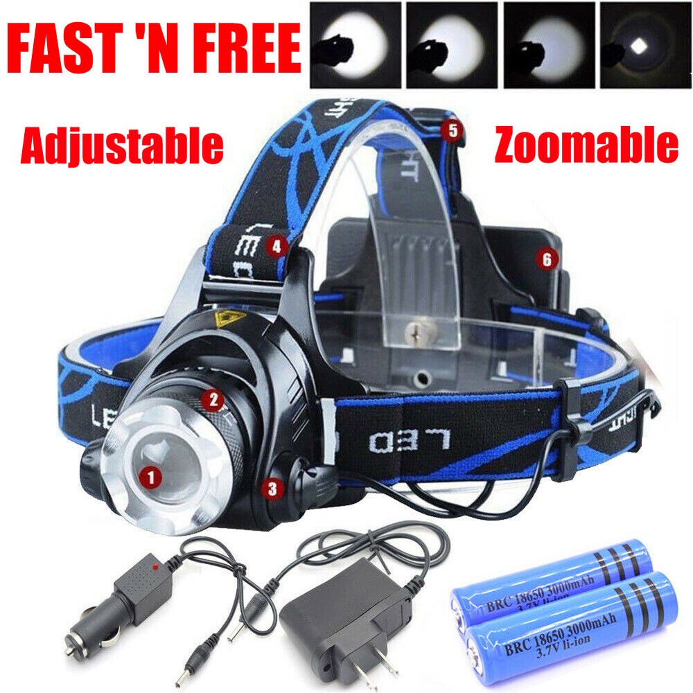 99000000LM Super Bright Zoom Headlamp Powerful Rechargeable Headlight Flashlight