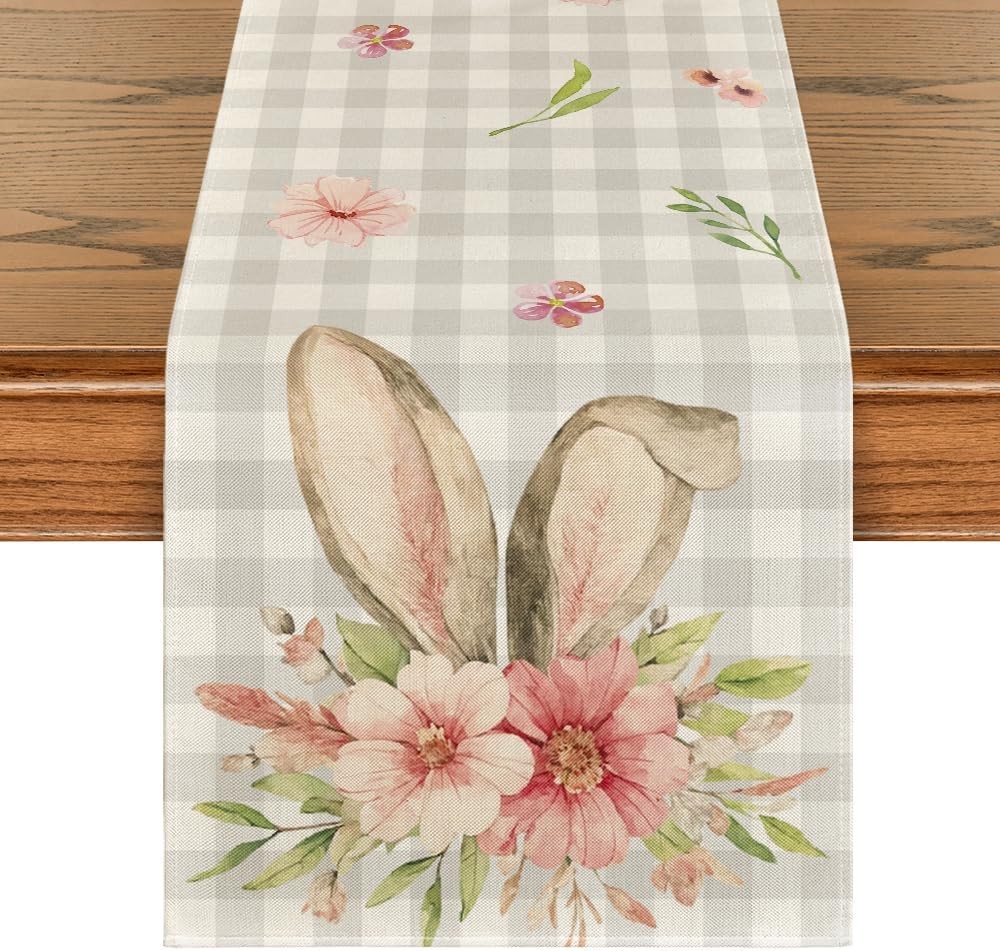 Buff Plaid Bunny Rabbit Ears Flower Easter Table Runner,