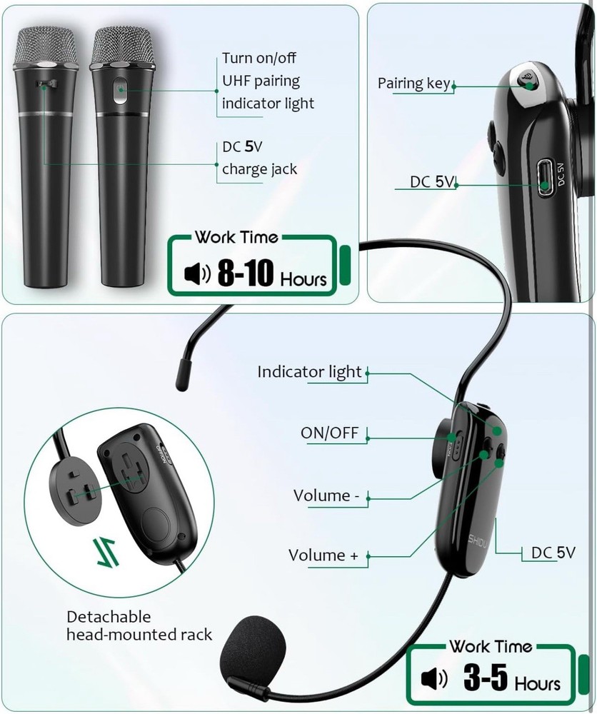 Voice Amplifier with Wireless UHF Microphone, Professional Portable Bluetooth