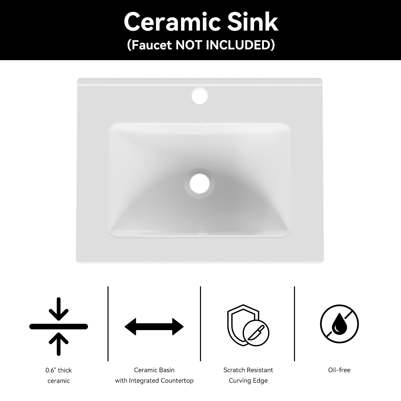 30" Undermount Bathroom Sink, Single Ceramic Bowl, No Faucet, White