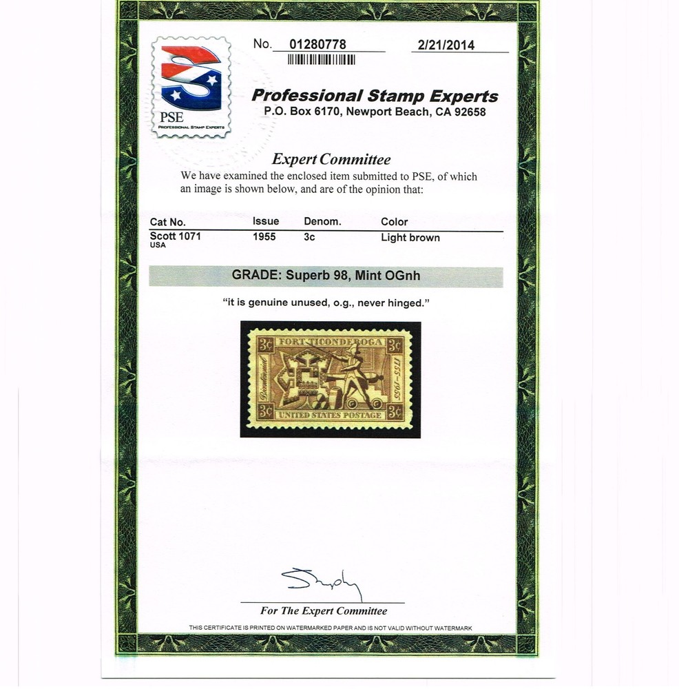 EXCEPTIONAL GENUINE SCOTT #1071 MINT PRISTINE OG NH PSE CERT GRADED SUPERB 98