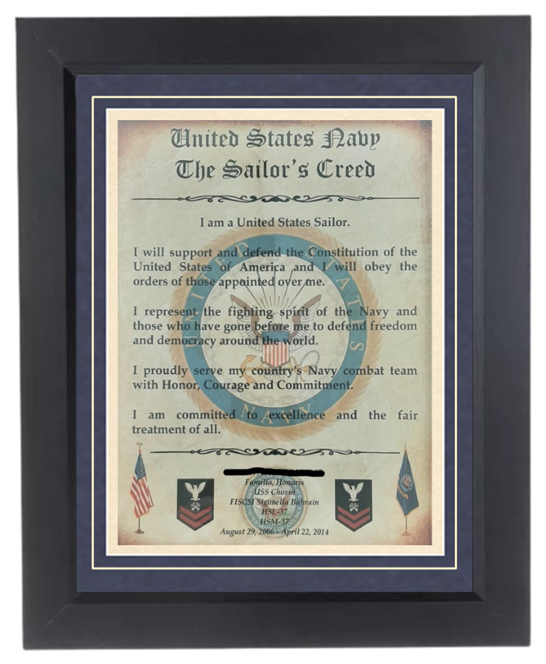 MC-BEST: NAVY Sailor's Creed Framed Matted PERSONALIZED