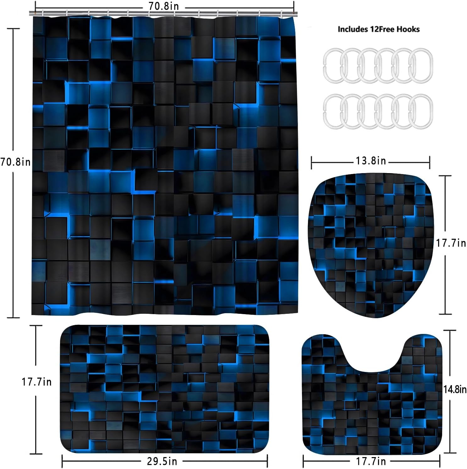 Shower Curtain Set Blue 3D Cubes - Bathroom Sets