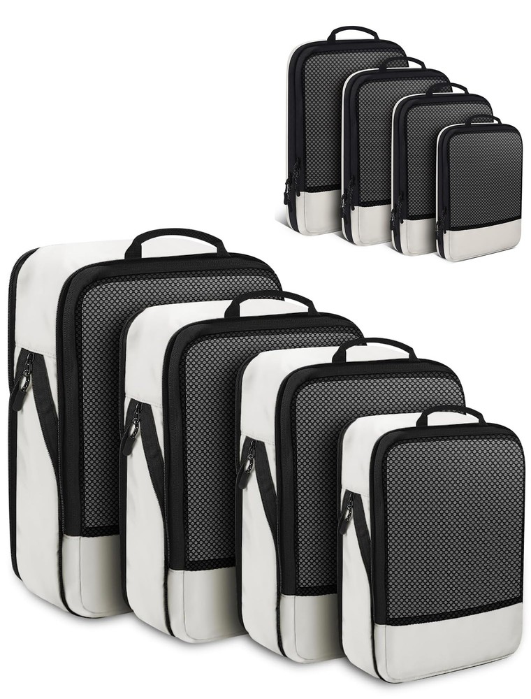 4 PCS Set Compression Packing Cubes for Travel, Lightweight 4 Set, Beige