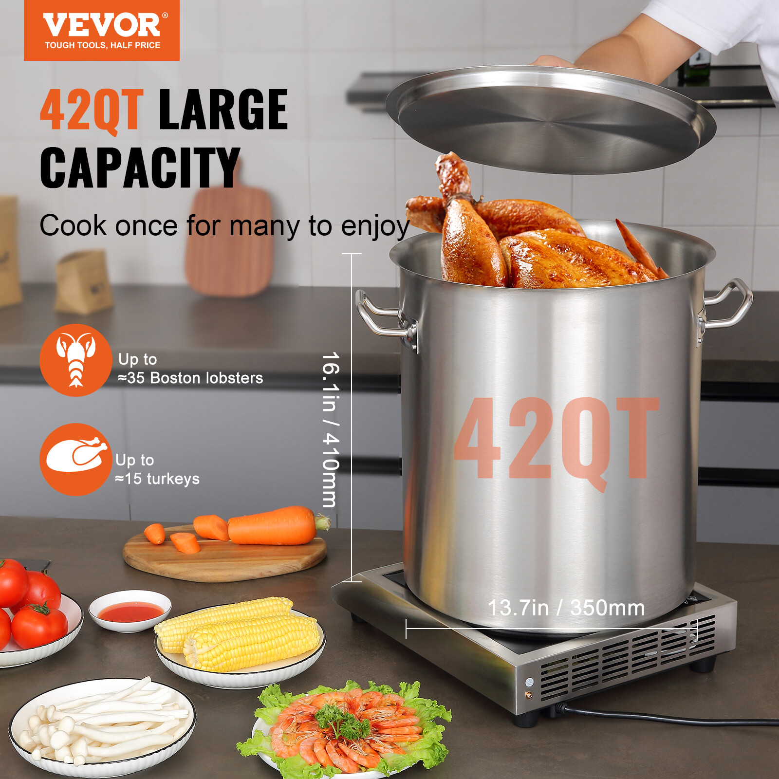VEVOR 18/8 Stainless Steel Stock Pot 42 Qt Large Cooking Sauce Pot w/ Lid