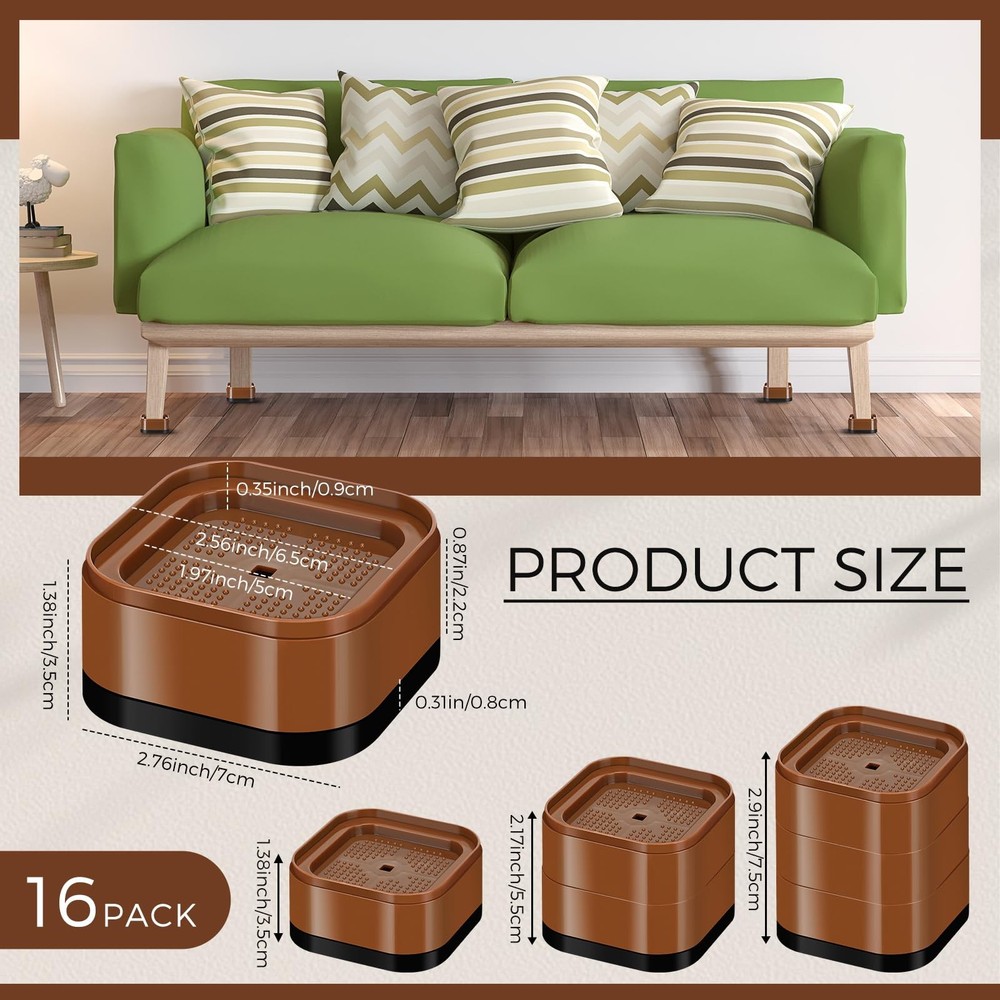 16 Pack 1.38" Brown Stackable Heavy Duty Square Bed Raising Blocks Risers