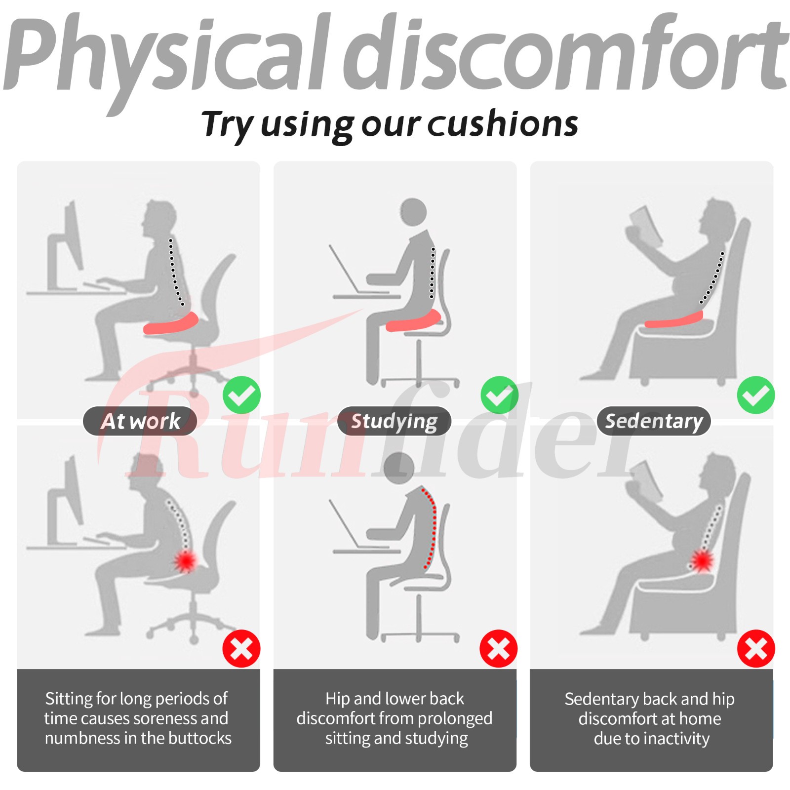 Black Ergonomic Seat Cushion 15.7x15.7x4.7in – Breathable Mesh for Car/Office