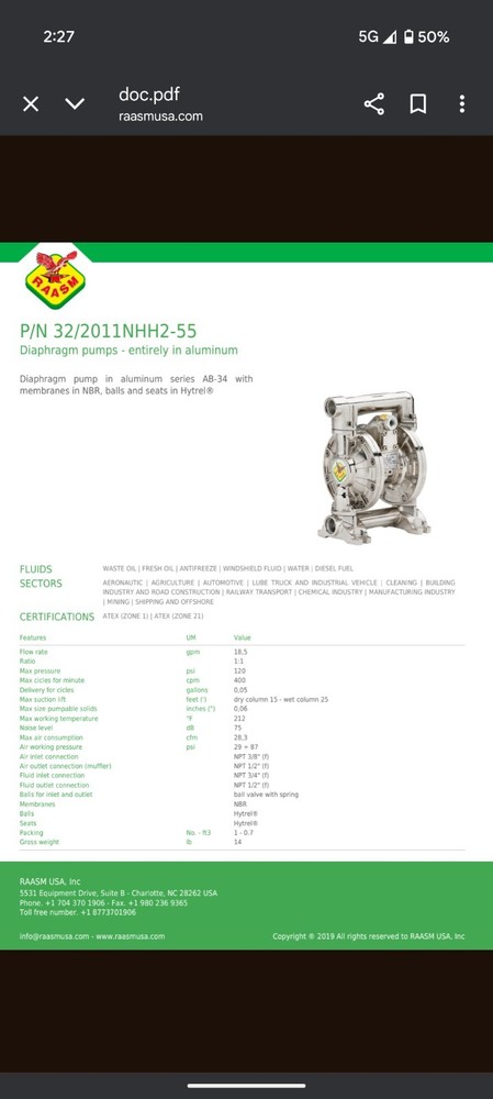Raasm Diaphragm Pump 32/2011nhh2-55