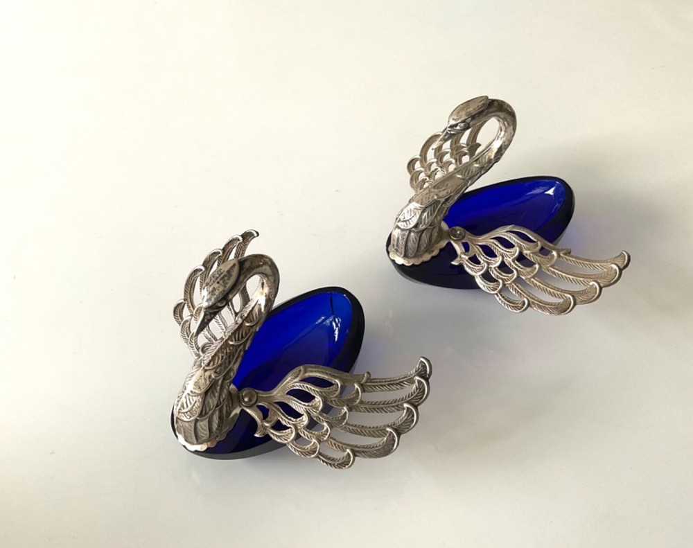 Rare Solid 800 Silver & Cobalt Blue Swans Master Salt Cellar Caviar Bowl 2/PS