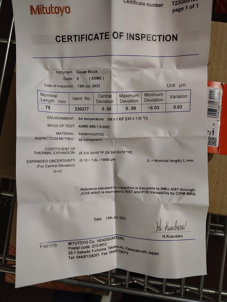 Mitutoyo 75mm Ceramic Rectangular Calibration Inspection Gage Block Grade 0