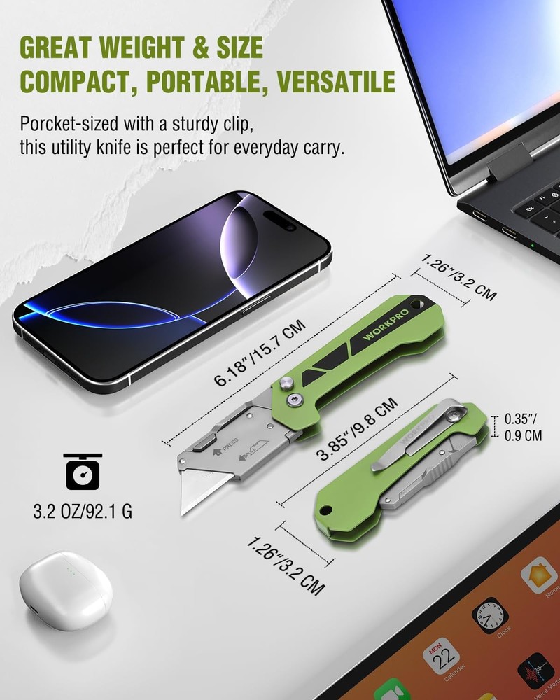 WORKPRO Pocket Folding Utility Knife Quick Change Axis Lock Box Cutter 10 Blades