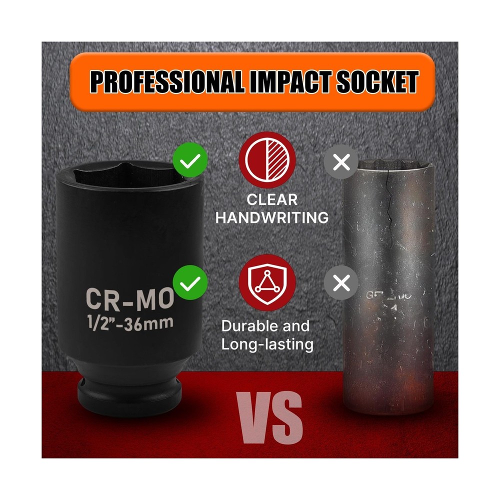 1/2" Drive Deep Impact Socket, 35mm Metric Socket, Axle Nut Socket CR-MO 6 Po...