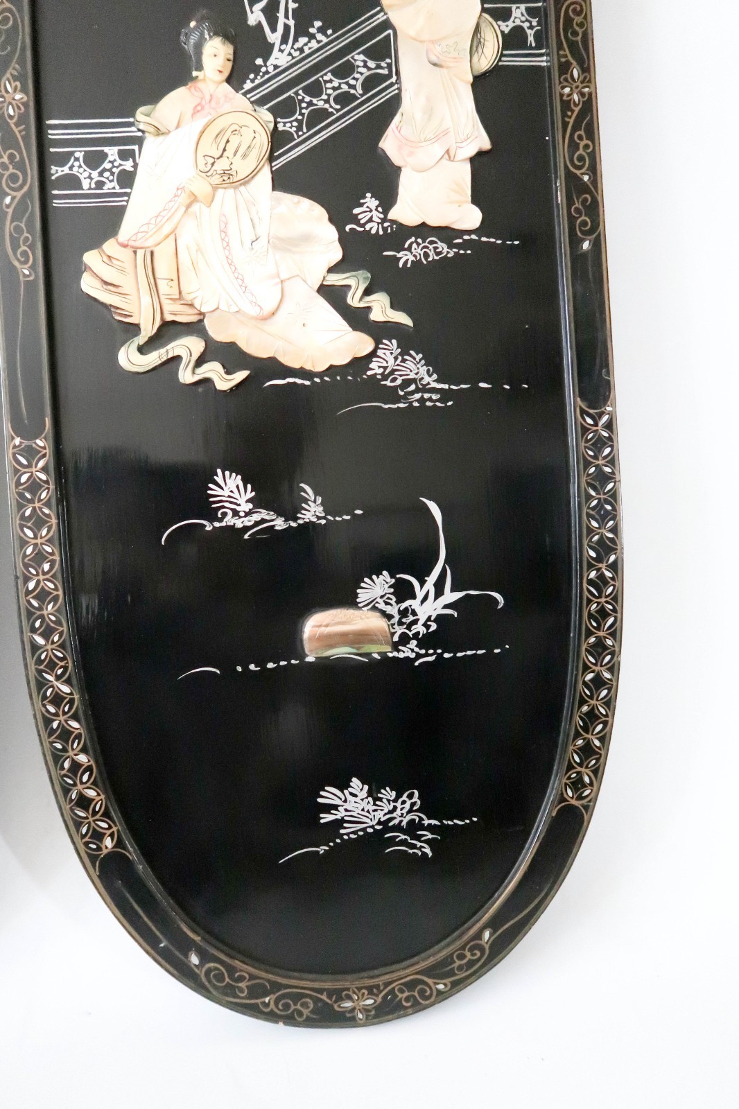 Set of 2 Asian Black Lacquer Mother of Pearl Wall Panels Art Geisha Women 36"
