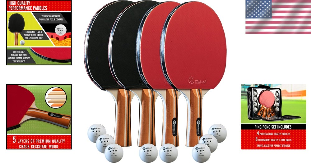 High-Quality Ping Pong Racket Bundle - 4 Paddles, 8 Balls