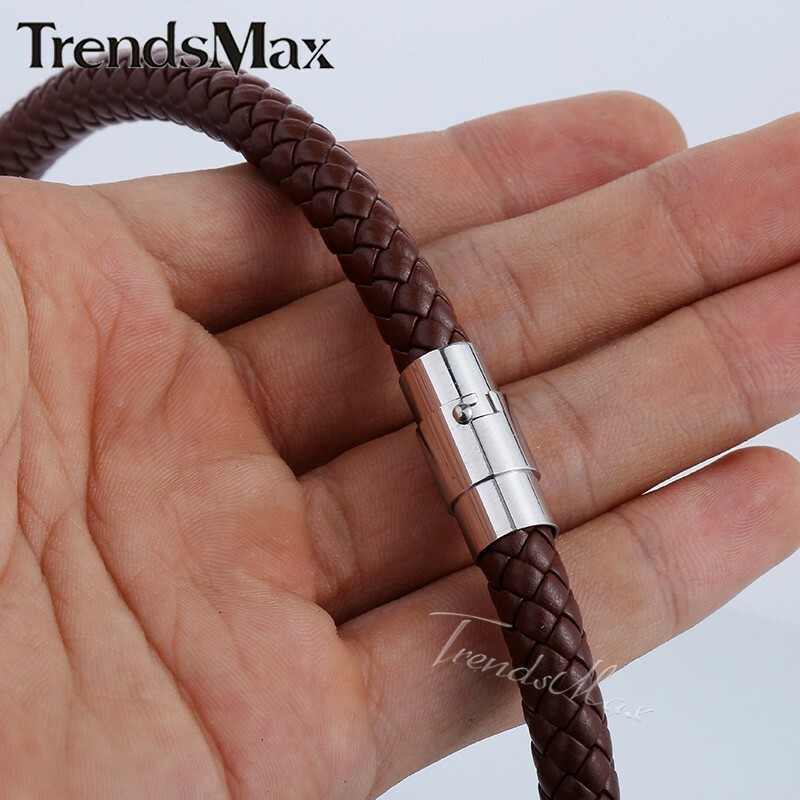 4/6/8MM Brown Braided Cord Rope Man-made Leather Necklace Gift w/ Magnetic Clasp