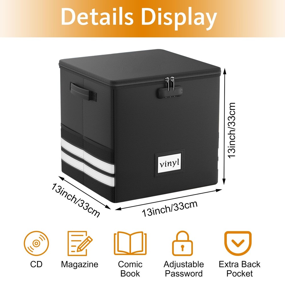 Vinyl Record Storage Box with Lock, Fireproof Waterproof Resistant Organizer ...