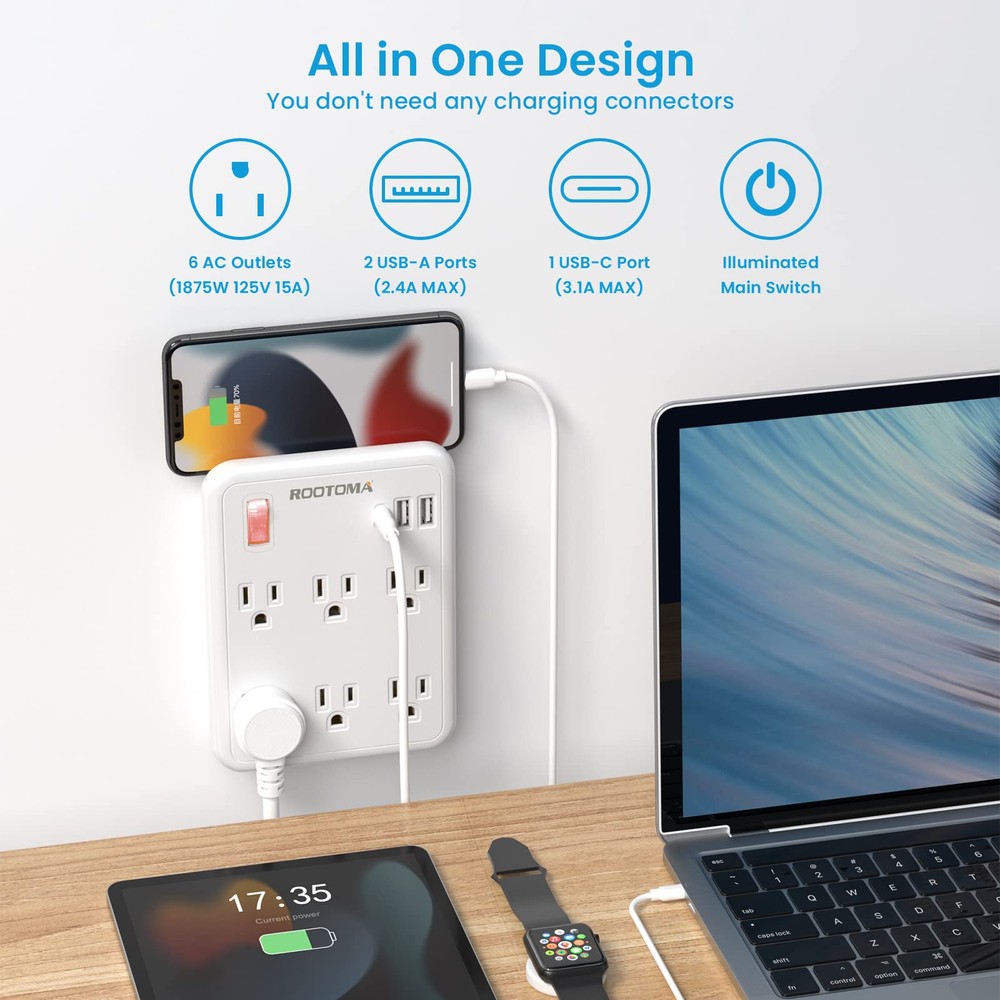 USB Wall Outlet Extender with On Off Switch, surge protector outlet,6 AC Mult...