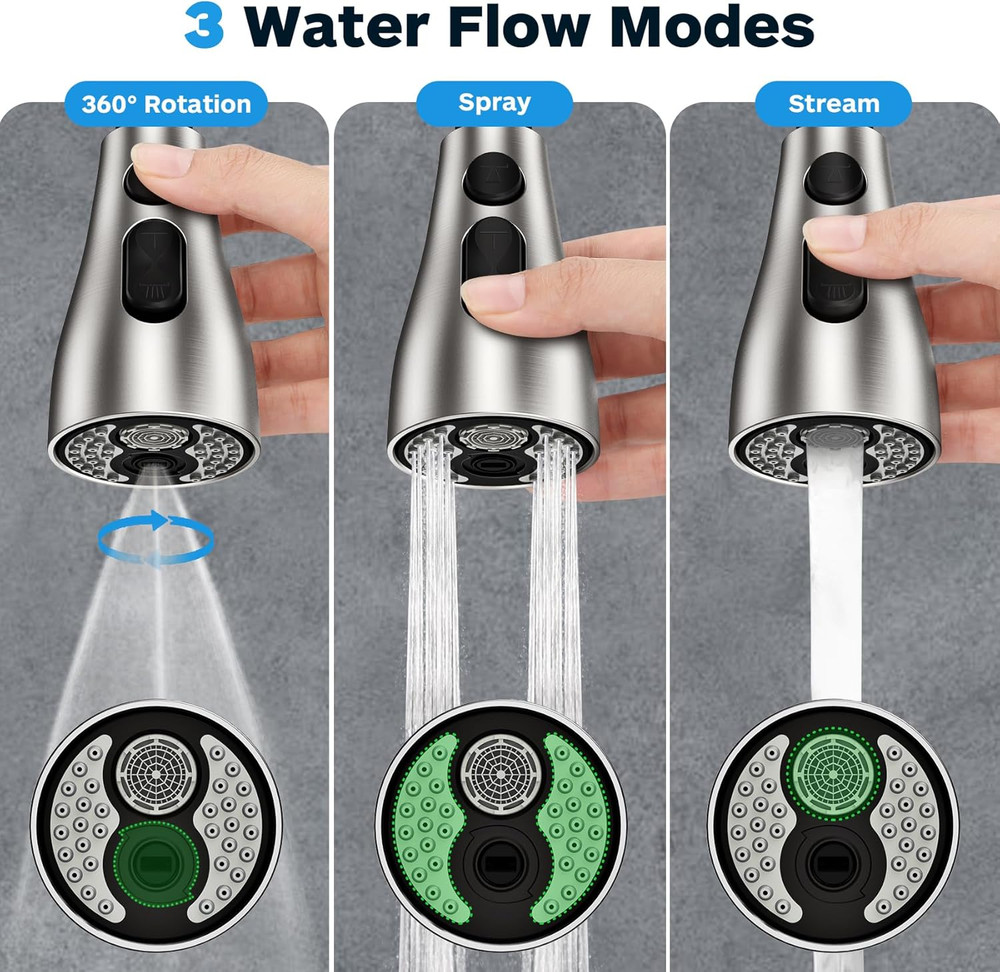 Kitchen Faucet Head Replacement 3 Modes with 17 Adapters, Pull down Spray Head f