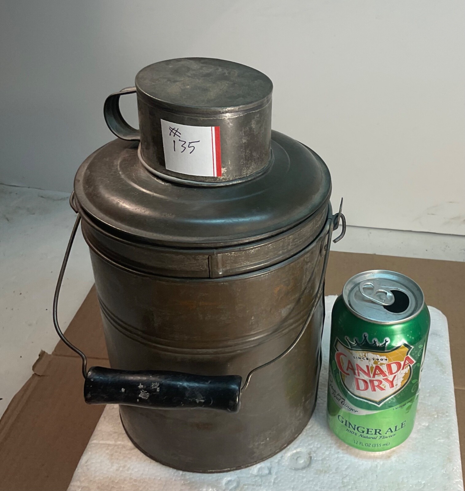 #135 EARLY CLASSIC ROUND TINWARE MINERS RAILROAD LUNCH PAIL BOX 4 PCS 10" TALL