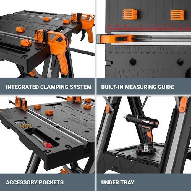 WORX Pegasus Work Table 25'' Portable Folding Workbench Black Orange