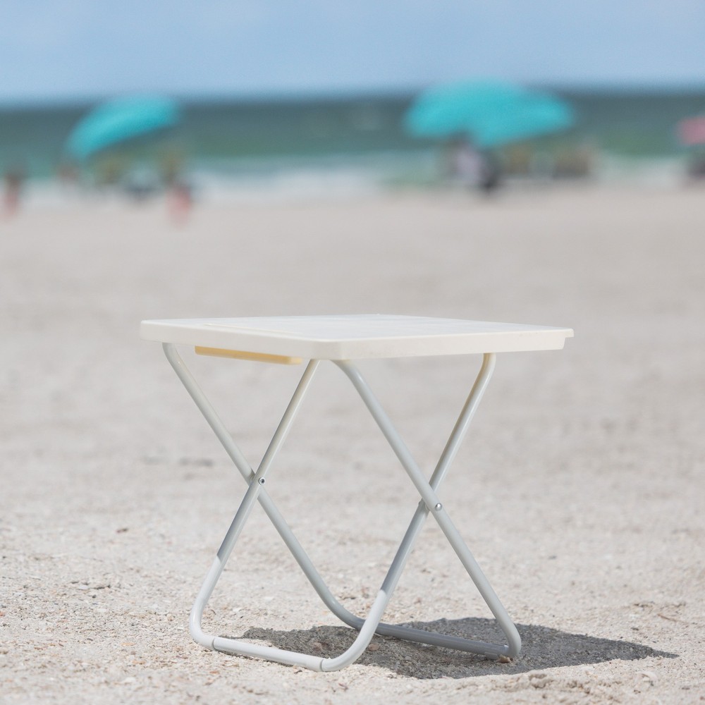 White Folding Beach Table with Hard Top Surface