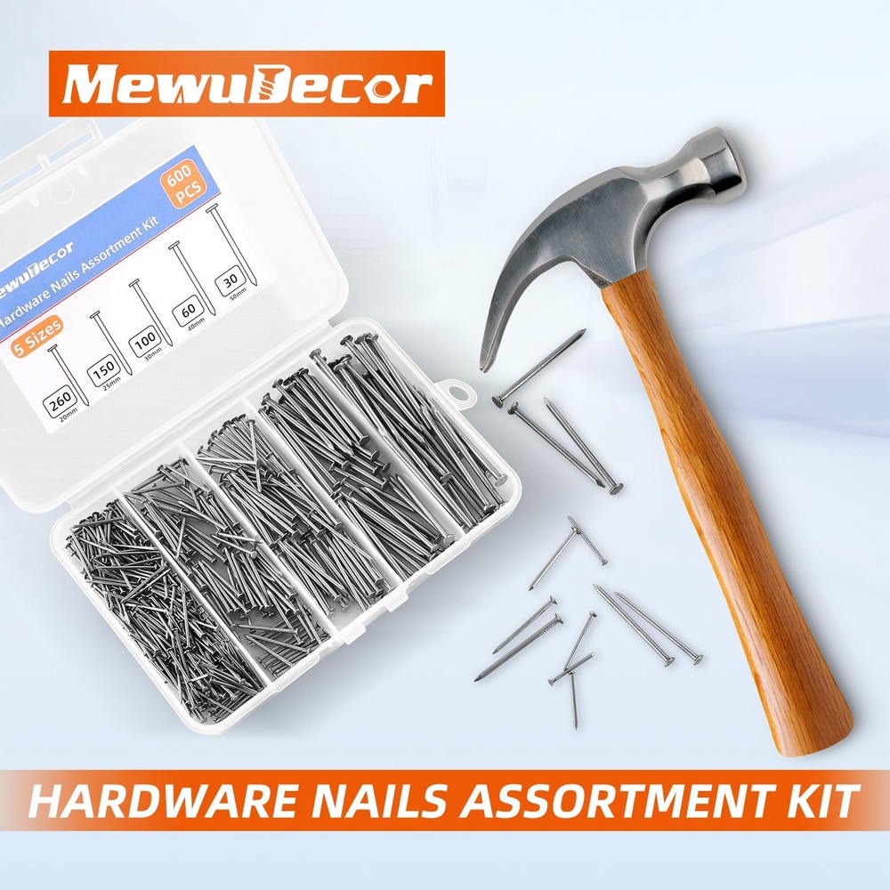 5 Sizes Hardware Nails Assortment Kit, Flat for Picture Wall Silver