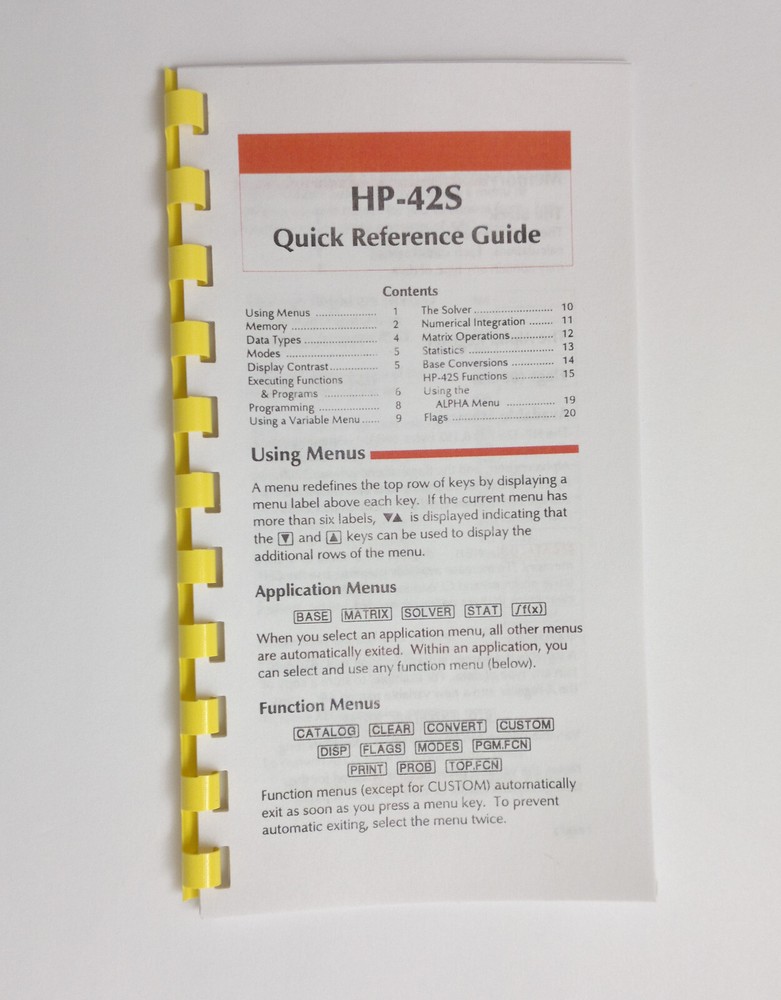 Hewlett Packard HP-42S Calculator Quick refeference Guide