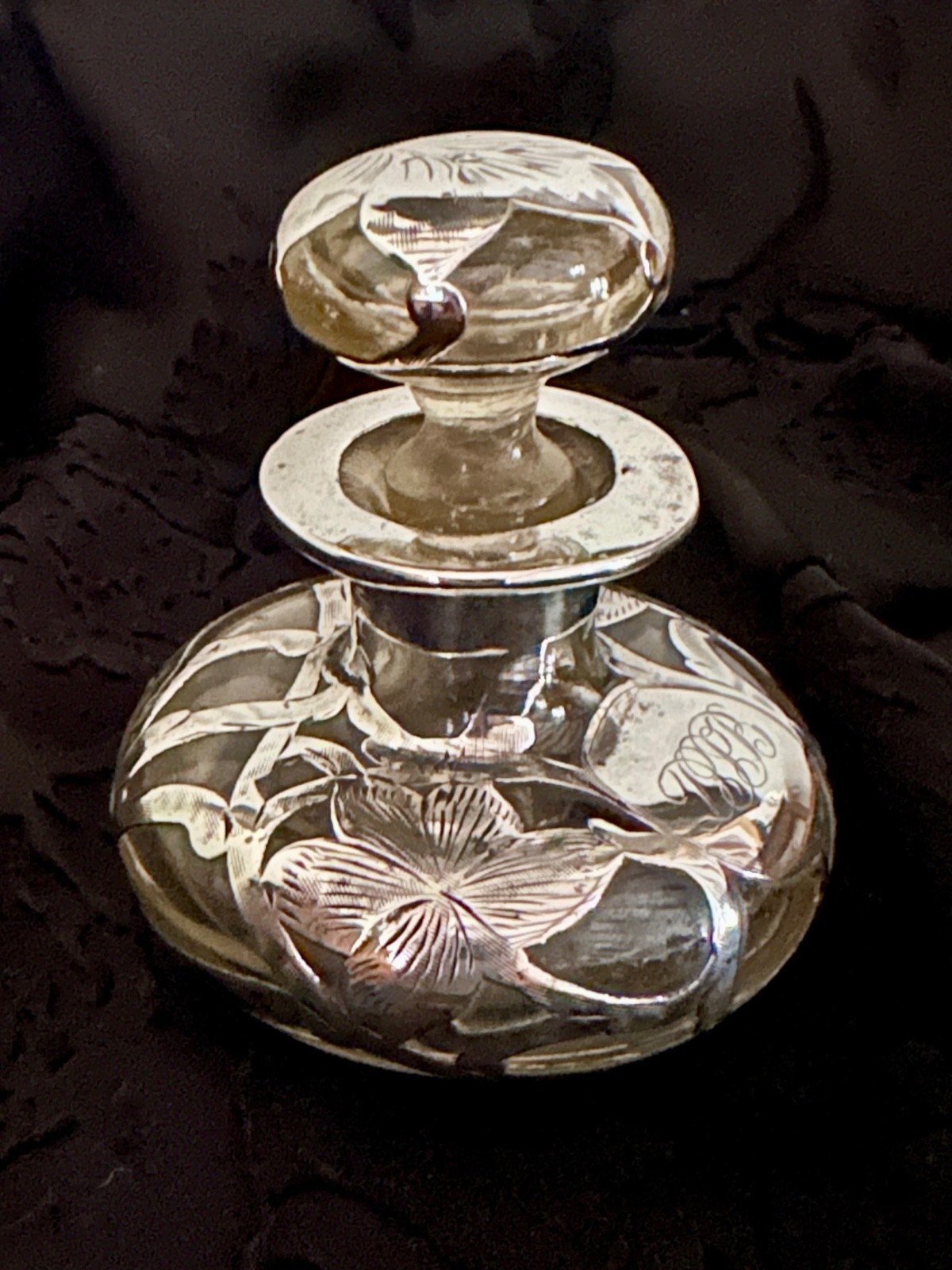 Antique Art Nouveau Sterling Silver Overlay Clear Glass Scent/Perfume Bottle