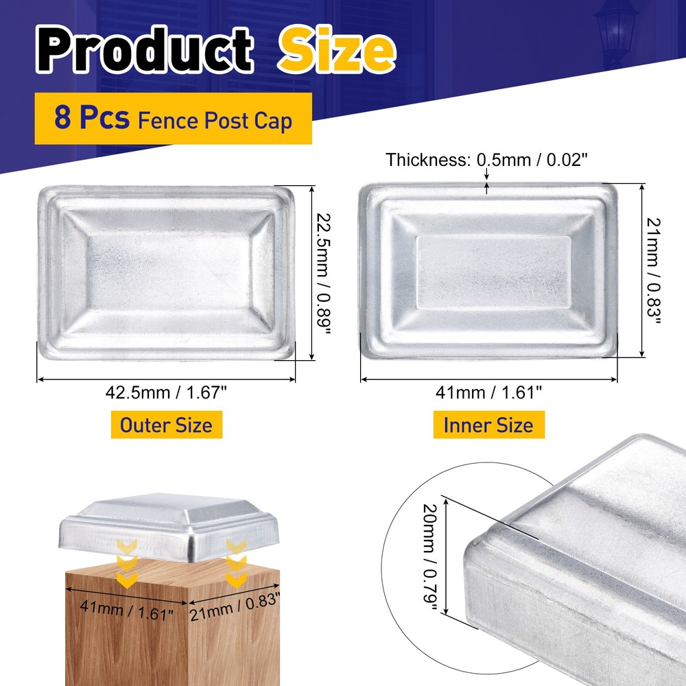 8Pcs Fence Post Cap, Galvanized Deck Post Caps Fit 2.4" x 1.6" Pipe, Silver