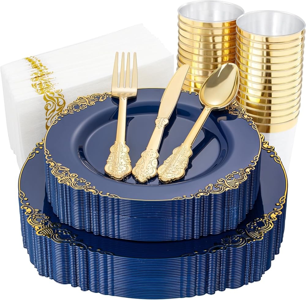 Blue Plastic Plates - Blue Gold Plastic Dinnerware Set Disposable