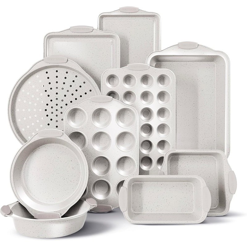 Stackable Nonstick Bakeware Set W/ Silicone Handles 10 Piece Nesting Pans New