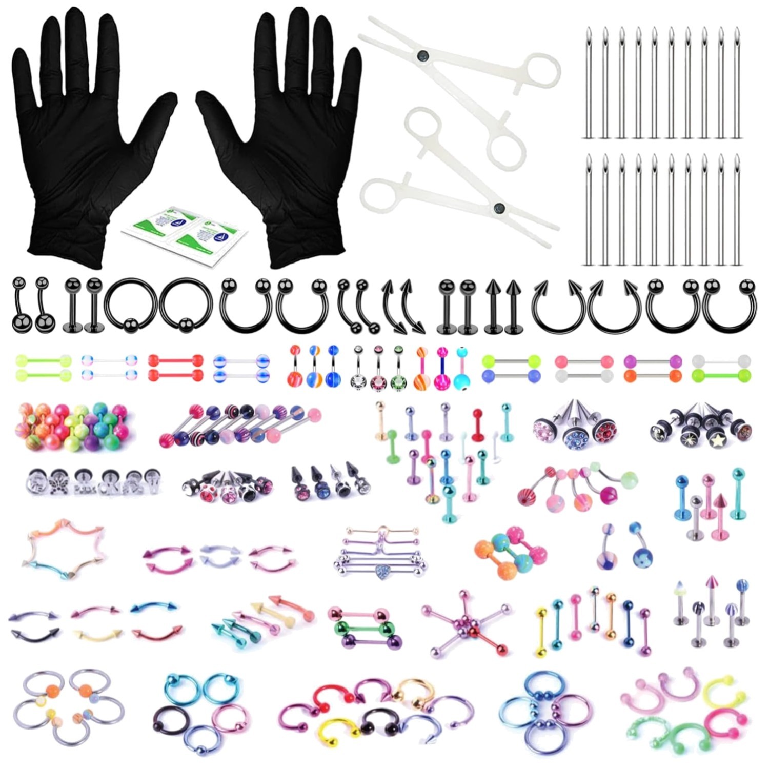 Deluxe 156PC Body Piercing Set - Horseshoe Ring Hoop Barbell